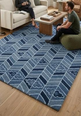 Saffron Rugs Hand Tufted Steel Blue Geometric Contemporary Rectangular Wool Area Rug