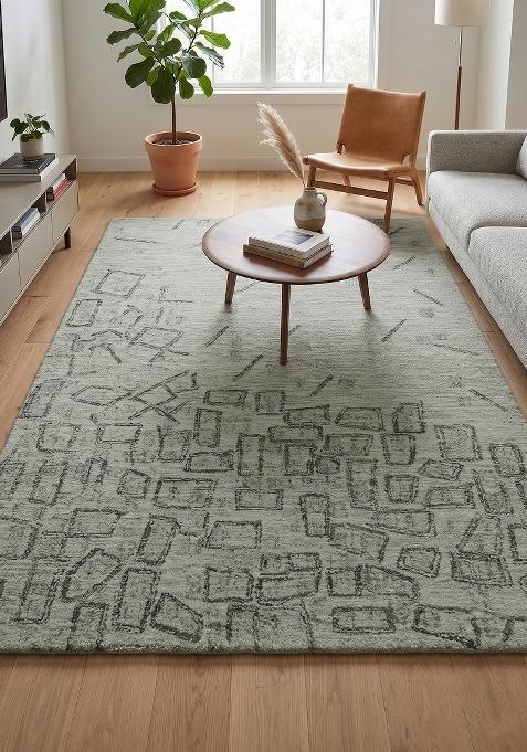 Saffron Rugs Hand Tufted Sage Green Geometric Contemporary Rectangular Wool Area Rug
