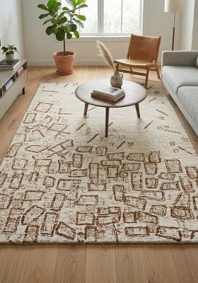 Saffron Rugs Hand Tufted Cream with Brown Geometric Contemporary Rectangular Wool Area Rug