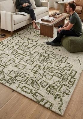 Saffron Rugs Hand Tufted Cream Olive Green Geometric Contemporary Rectangular Wool Area Rug
