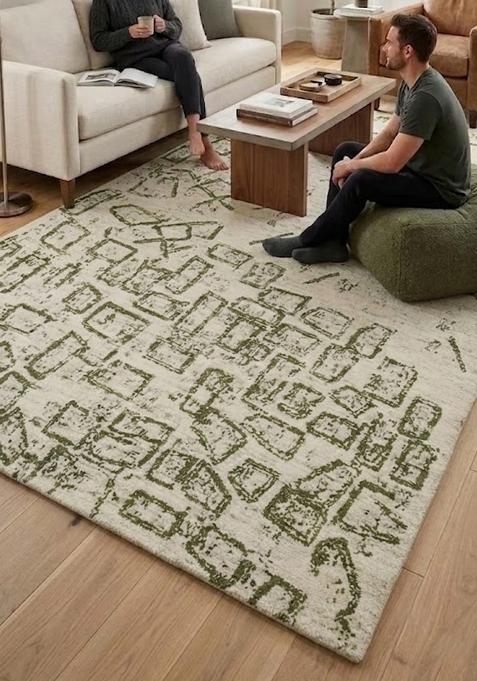 Saffron Rugs Hand Tufted Cream Olive Green Geometric Contemporary Rectangular Wool Area Rug