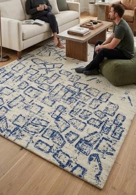 Saffron Rugs Hand Tufted Cream Blue Geometric Contemporary Rectangular Wool Area Rug