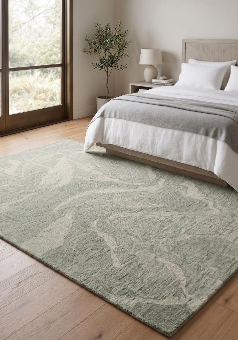 Saffron Rugs Hand Tufted Grey Green Floral Contemporary Rectangular Wool Area Rug