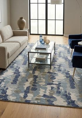 Saffron Rugs Hand Tufted Blue Multi Camouflage Contemporary Rectangular Wool Area Rug