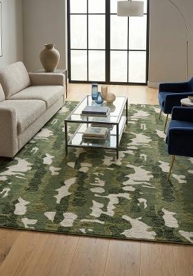 Saffron Rugs Hand Tufted Olive Green Camouflage Contemporary Rectangular Wool Area Rug