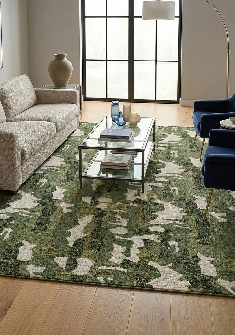 Saffron Rugs Hand Tufted Olive Green Camouflage Contemporary Rectangular Wool Area Rug