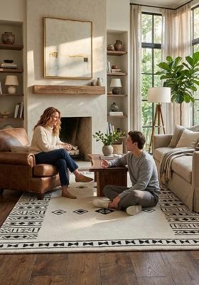 Saffron Rugs Hand Tufted Ivory Geometric Bohemian Rectangular Wool Area Rug