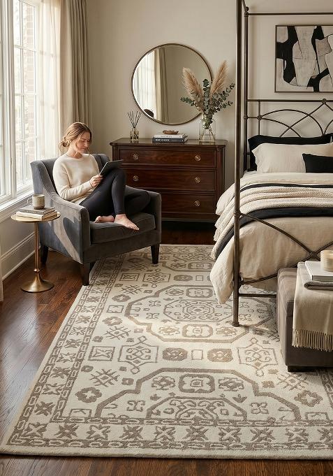 Saffron Rugs Hand Tufted Ivory Geometric Oriental Rectangular Wool Area Rug