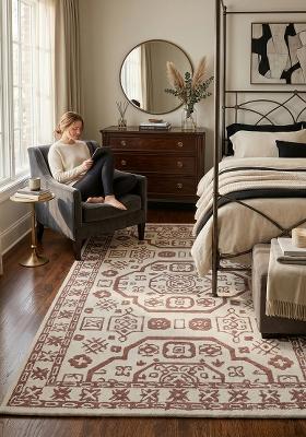 Saffron Rugs Hand Tufted Ivory and Dusty Rose Geometric Oriental Rectangular Wool Area Rug