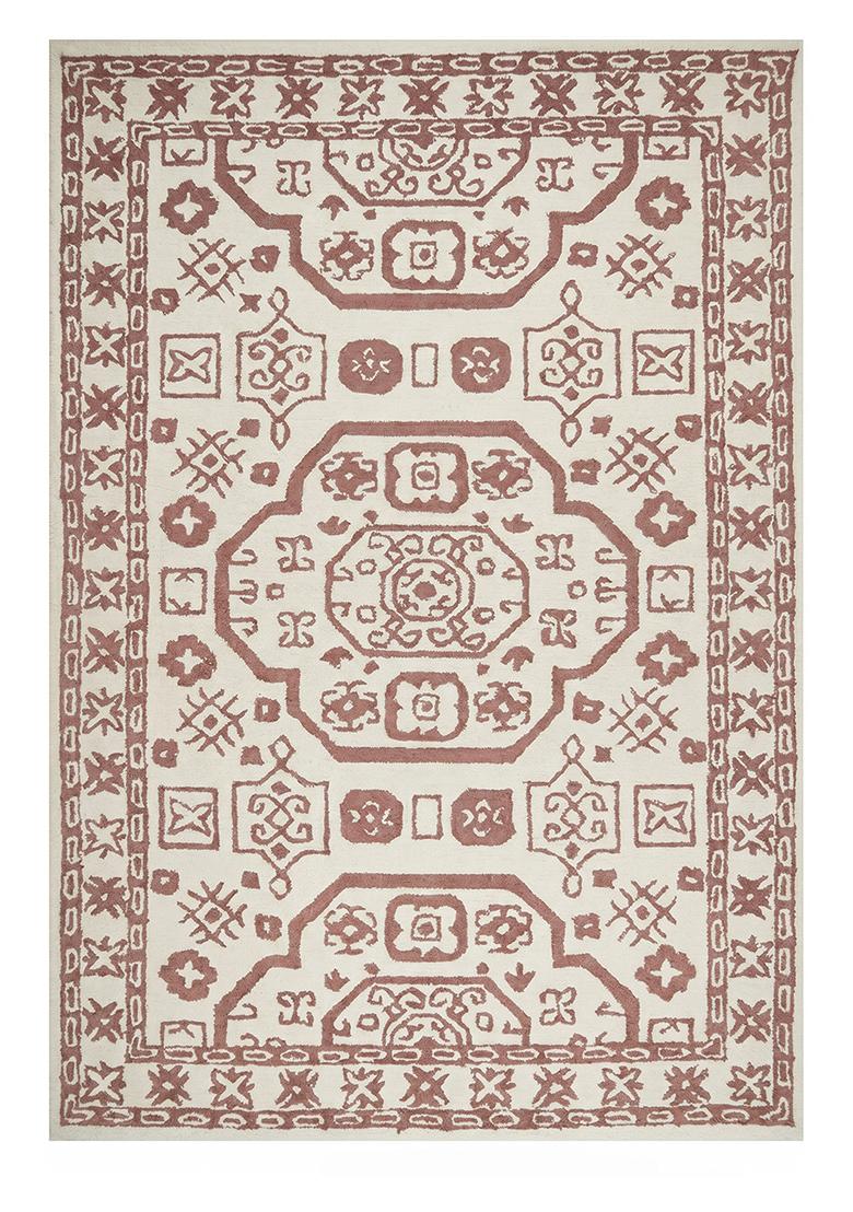 Saffron Rugs Hand Tufted Ivory and Dusty Rose Geometric Oriental Rectangular Wool Area Rug - Indya