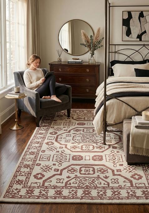 Saffron Rugs Hand Tufted Ivory and Dusty Rose Geometric Oriental Rectangular Wool Area Rug