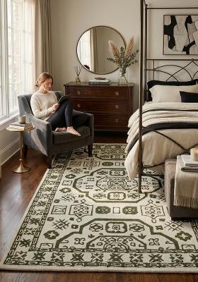 Saffron Rugs Hand Tufted Ivory and Green Geometric Oriental Rectangular Wool Area Rug