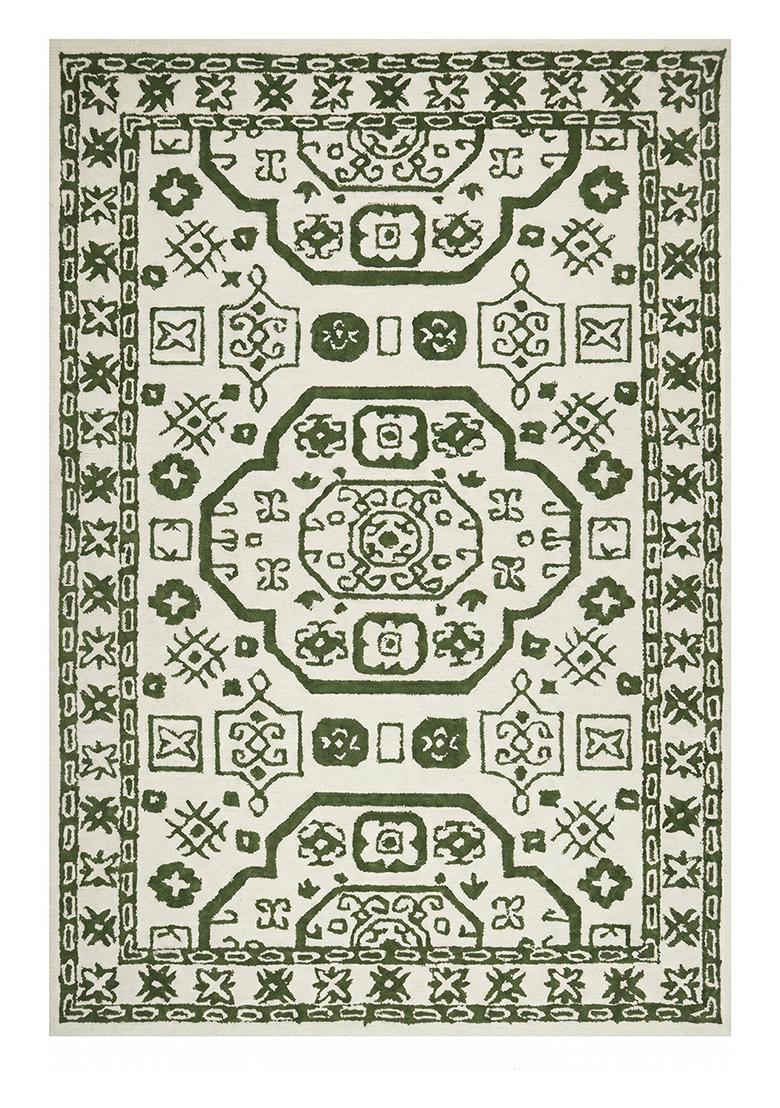 Saffron Rugs Hand Tufted Ivory and Green Geometric Oriental Rectangular Wool Area Rug - Indya