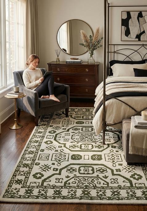 Saffron Rugs Hand Tufted Ivory and Green Geometric Oriental Rectangular Wool Area Rug