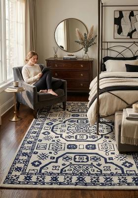 Saffron Rugs Hand Tufted Ivory with Navy Blue Geometric Oriental Rectangular Wool Area Rug