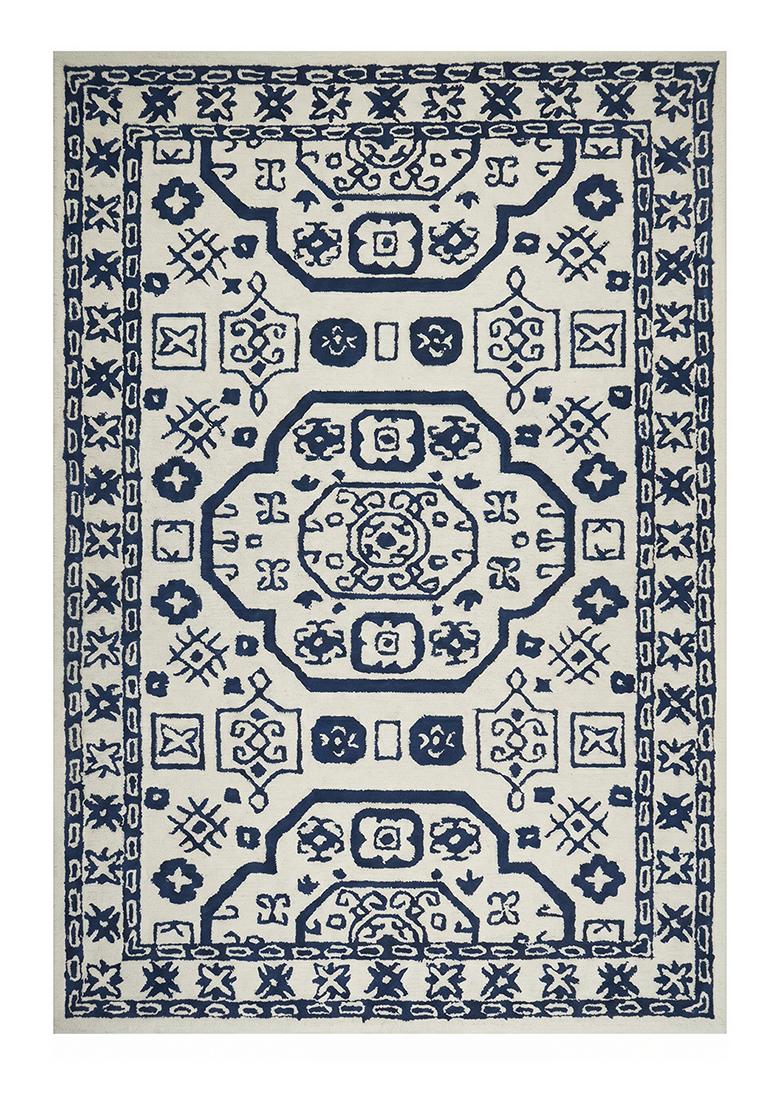 Saffron Rugs Hand Tufted Ivory with Navy Blue Geometric Oriental Rectangular Wool Area Rug - Indya