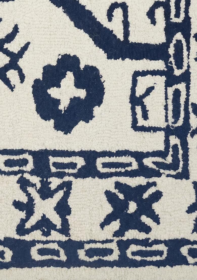Saffron Rugs Hand Tufted Ivory with Navy Blue Geometric Oriental Rectangular Wool Area Rug - Indya