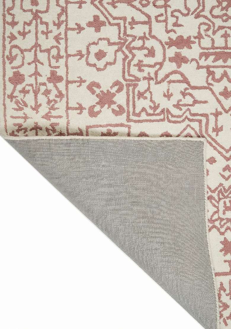 100% Wool Handmade Ivory Rose Rug | Transitional Geometric Carpet With Cotton Backing For Living Room - Indya