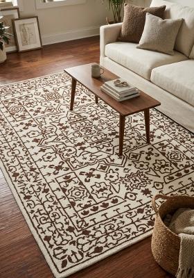 Saffron Rugs Hand Tufted Ivory and Brown Geometric Transitional Rectangular Wool Area Rug