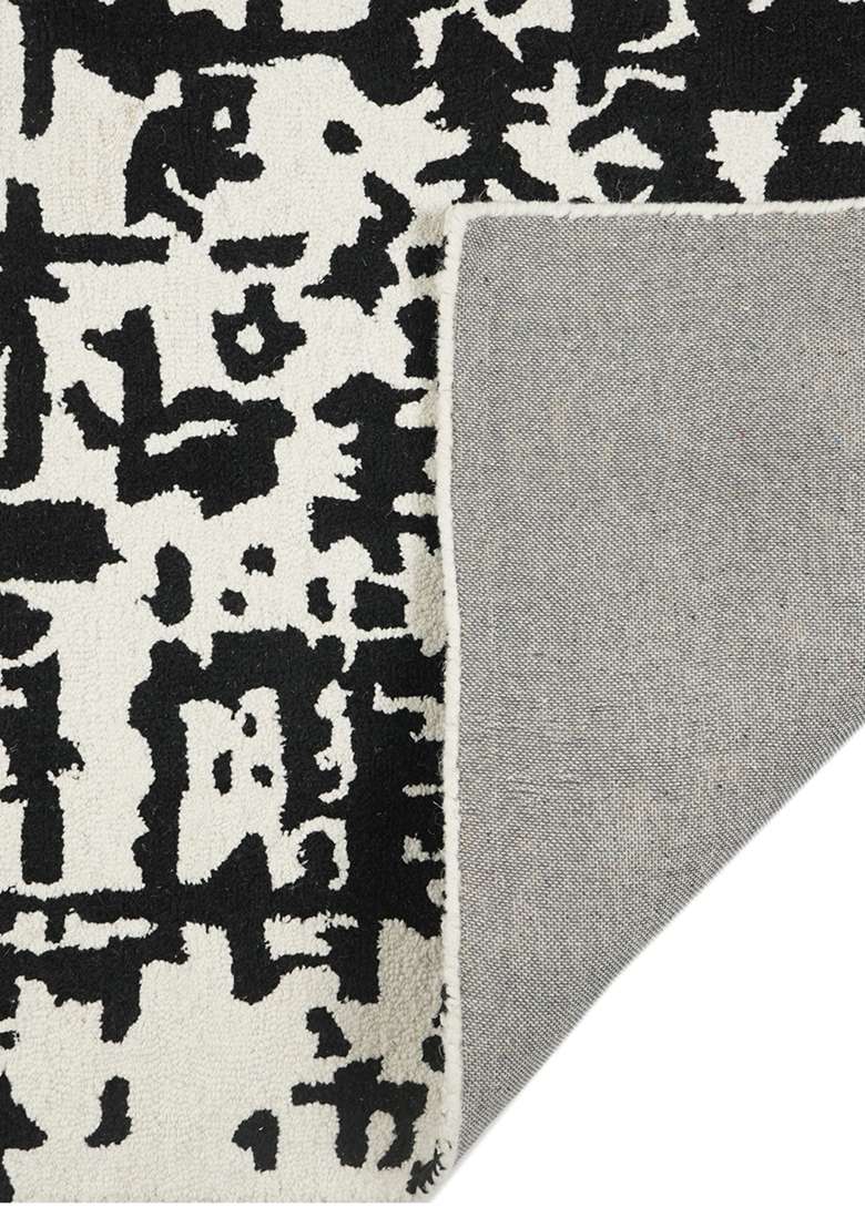 100% Wool Handmade Black And White Rug | Contemporary Geometric Carpet With Cotton Backing For Living Room - Indya