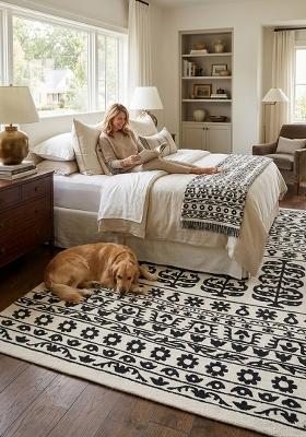 Saffron Rugs Hand-Tufted 100% Wool Area Rug | Ivory and Black Rectangular Rug | Cotton Backing | Bohemian Floral Home Decor Carpet for Living Room Bedroom