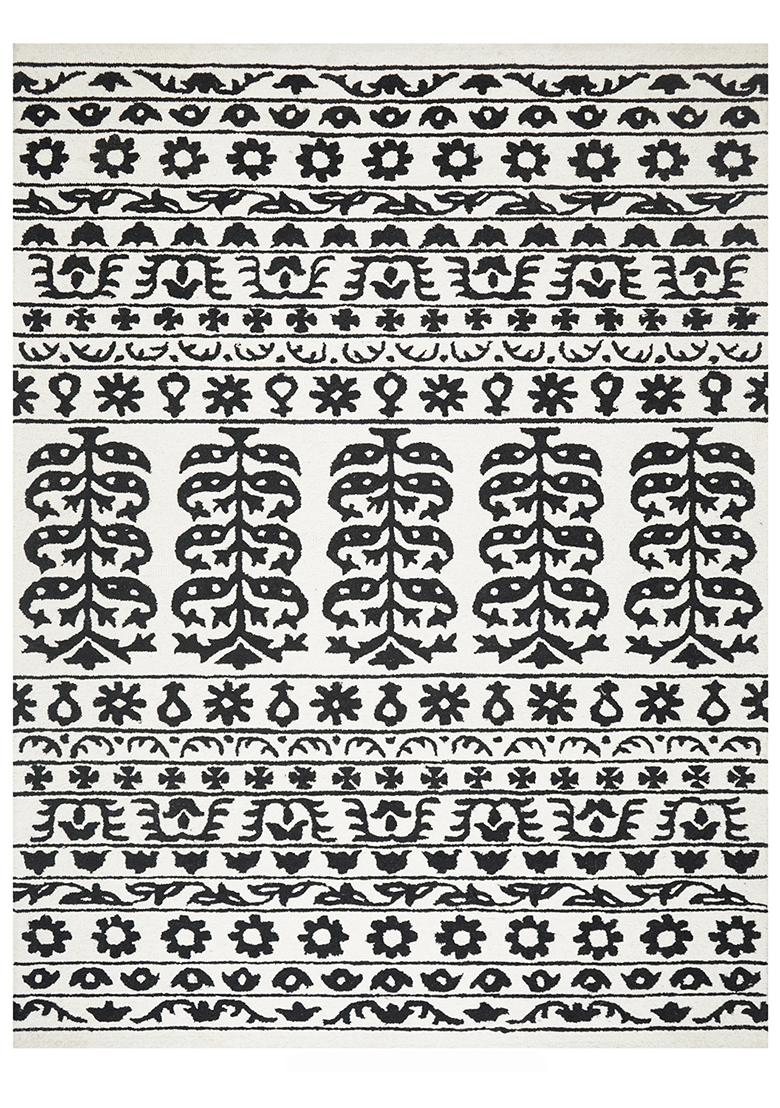 Saffron Rugs Hand Tufted Ivory and Black Floral Bohemian Rectangular Wool Area Rug - Indya