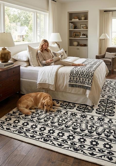 Saffron Rugs Hand Tufted Ivory and Black Floral Bohemian Rectangular Wool Area Rug