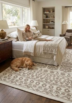 Saffron Rugs Hand Tufted Beige Floral Bohemian Rectangular Wool Area Rug