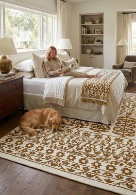 Saffron Rugs Hand Tufted Gold Floral Bohemian Rectangular Wool Area Rug