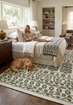 Saffron Rugs Hand Tufted Olive Green Floral Bohemian Rectangular Wool Area Rug