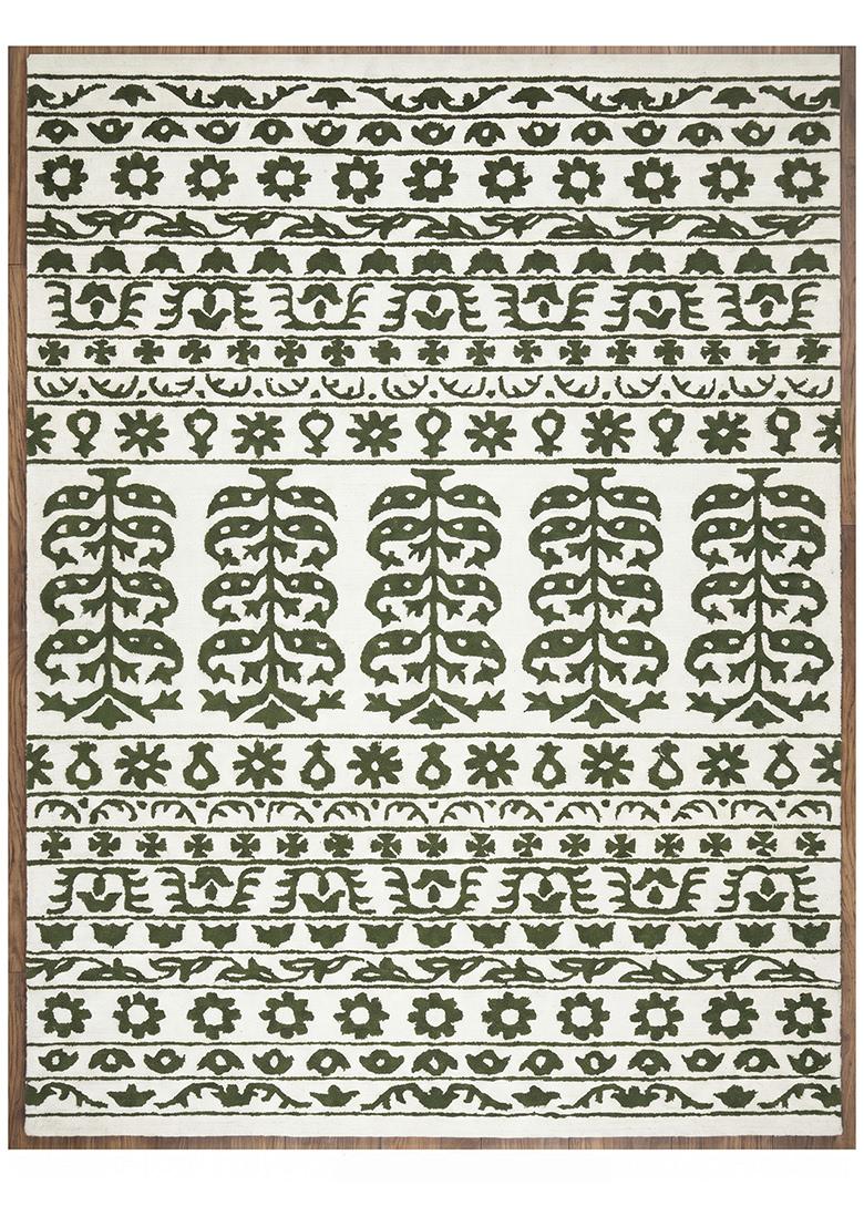 Saffron Rugs Hand Tufted Olive Green Floral Bohemian Rectangular Wool Area Rug - Indya