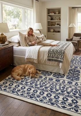 Saffron Rugs Hand Tufted Navy Blue Floral Bohemian Rectangular Wool Area Rug