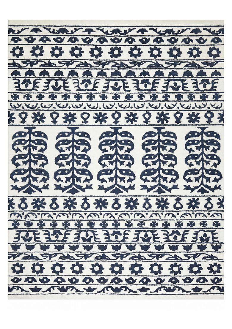 Saffron Rugs Hand Tufted Navy Blue Floral Bohemian Rectangular Wool Area Rug - Indya