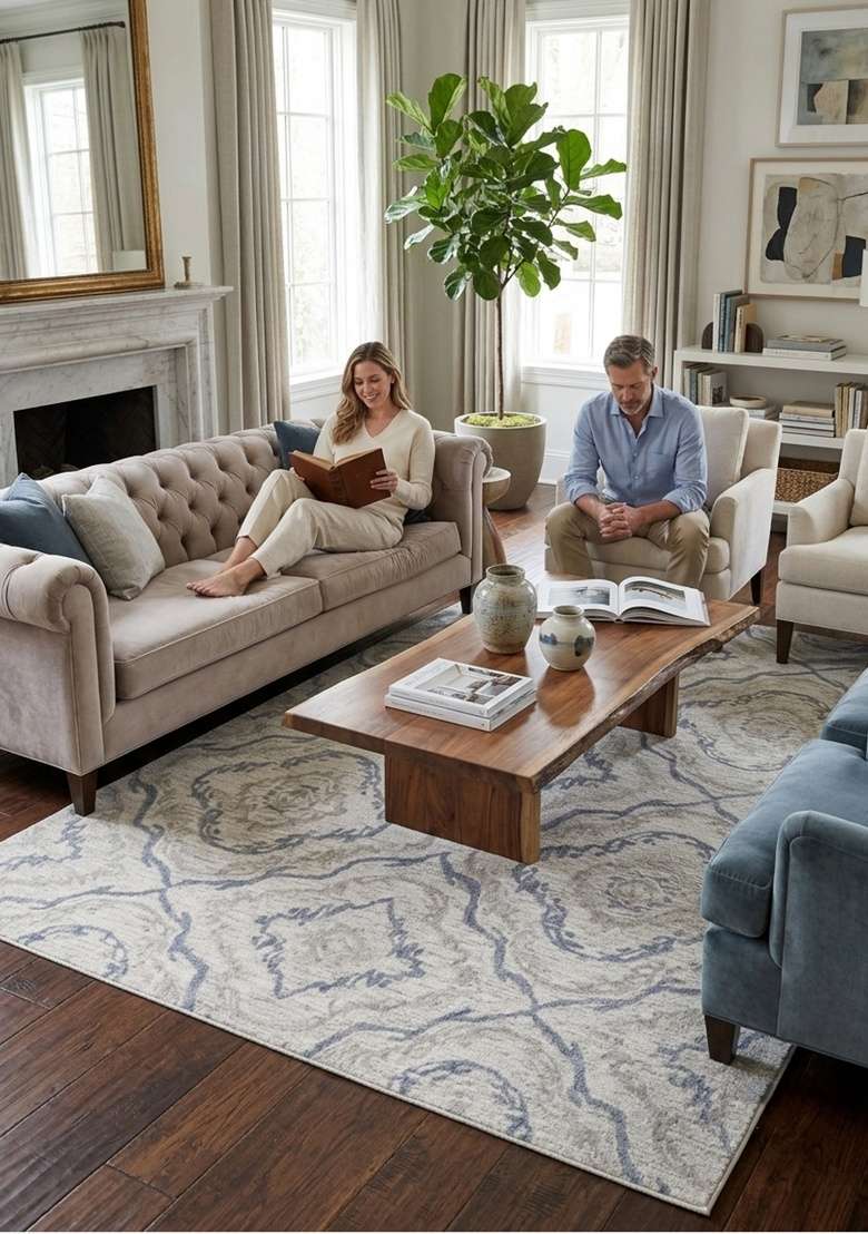 Saffron Rugs Hand-Tufted 100% Wool Area Rug | Ivory Blue Grey Rectangular Rug | Cotton Backing | Transitional Trellis Home Decor Carpet for Living Room - Indya
