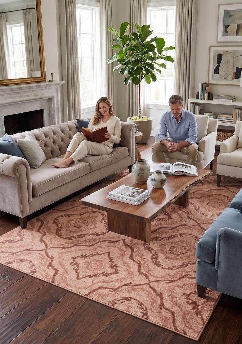 Saffron Rugs Hand-Tufted 100% Wool Area Rug | Blush Pink Rectangular Rug | Cotton Backing | Transitional Trellis Home Decor Carpet for Living Room - Indya
