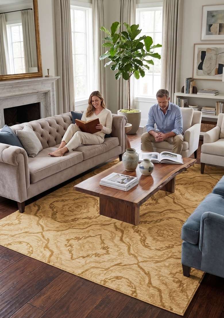 Saffron Rugs Hand-Tufted 100% Wool Area Rug | Ivory Gold Rectangular Rug | Cotton Backing | Transitional Trellis Home Decor Carpet for Living Room - Indya