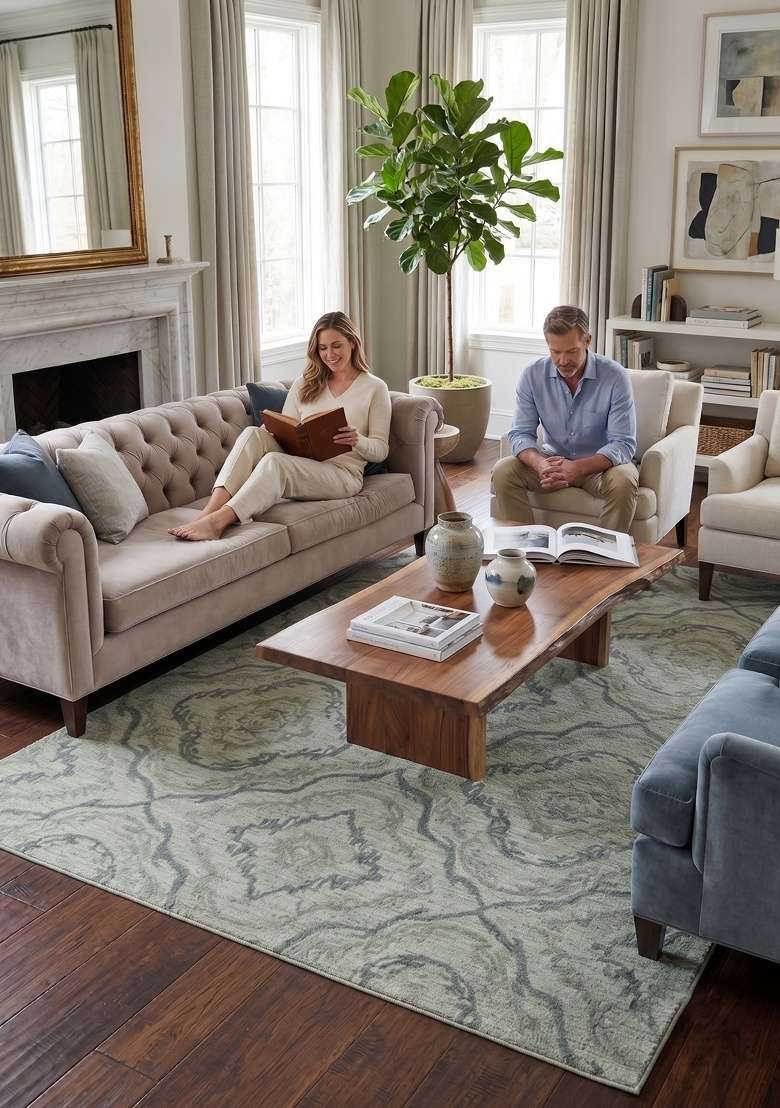 Saffron Rugs Hand-Tufted 100% Wool Area Rug | Light Sage Grey Rectangular Rug | Cotton Backing | Transitional Trellis Home Decor Carpet for Living Room - Indya