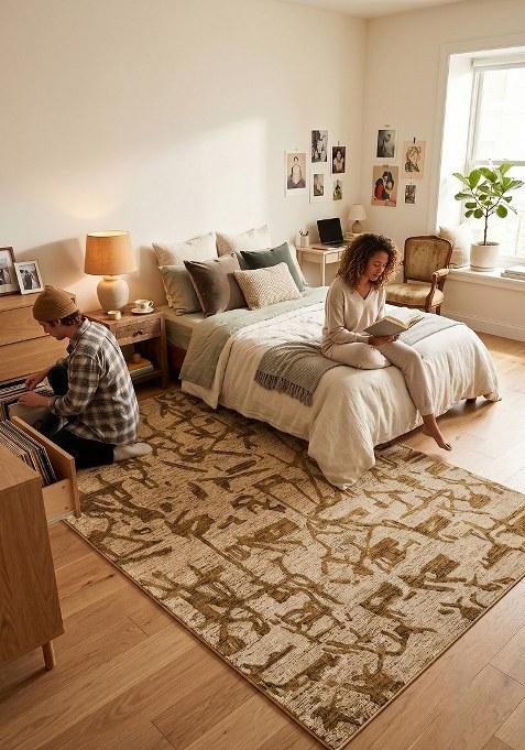 Saffron Rugs Hand Tufted Golden Beige Geometric Contemporary Rectangular Wool Area Rug