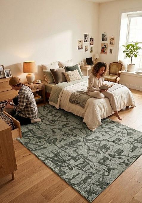 Saffron Rugs Hand Tufted Sage Green Geometric Contemporary Rectangular Wool Area Rug
