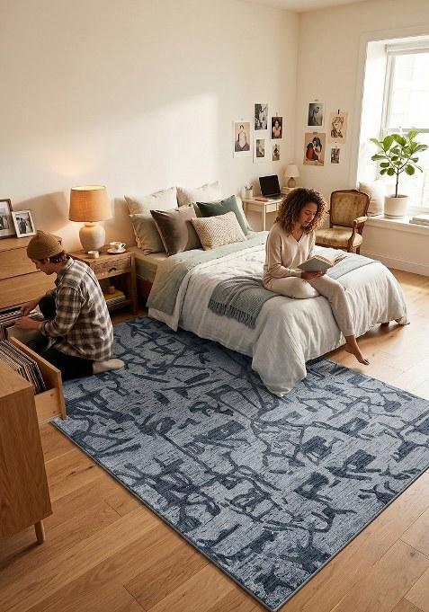 Saffron Rugs Hand Tufted Steel Blue Geometric Contemporary Rectangular Wool Area Rug