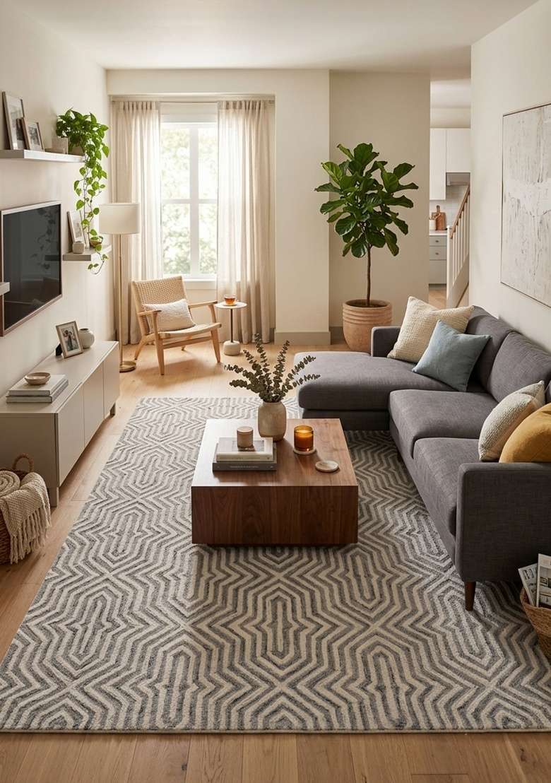 Saffron Rugs Hand-Tufted 100% Wool Area Rug | Grey and Ivory Rectangular Rug | Cotton Backing | Contemporary Geometric Home Decor Carpet for Living Room - Indya