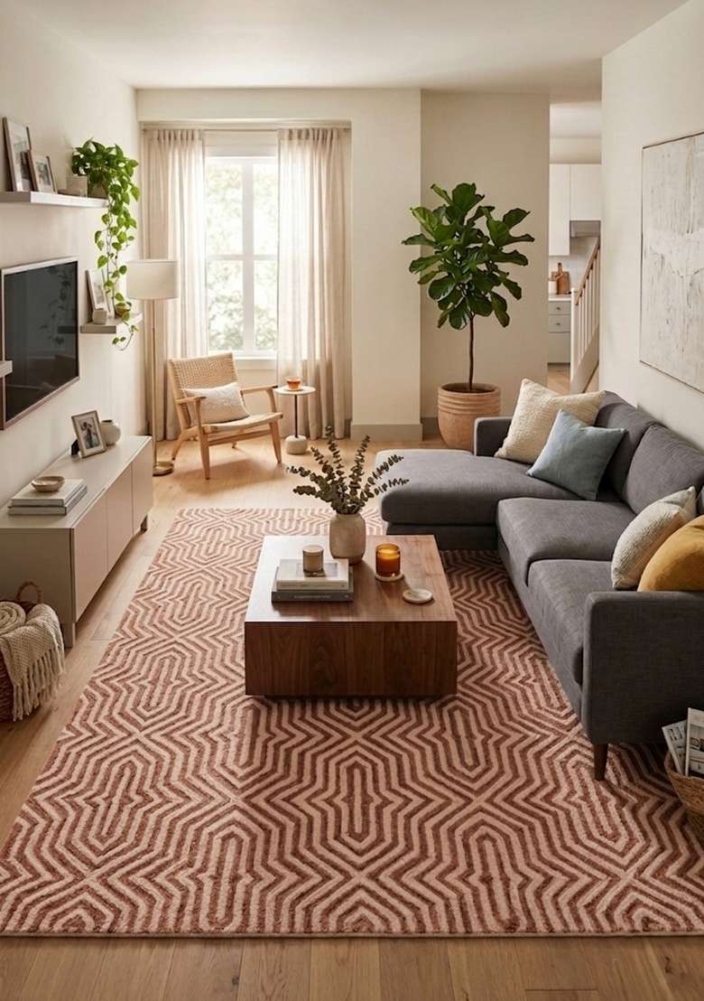 Saffron Rugs Hand-Tufted 100% Wool Area Rug | Terracotta Rectangular Rug | Cotton Backing | Contemporary Geometric Home Decor Carpet for Living Room - Indya