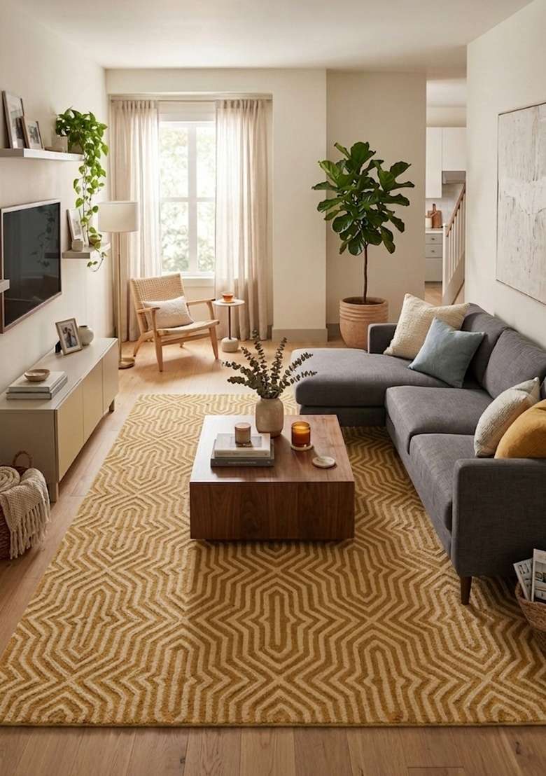 Saffron Rugs Hand-Tufted 100% Wool Area Rug | Golden Yellow Rectangular Rug | Cotton Backing | Contemporary Geometric Home Decor Carpet for Living Room - Indya