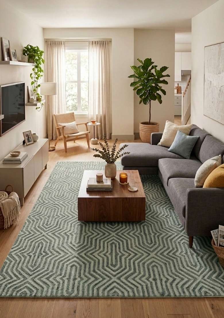Saffron Rugs Hand-Tufted 100% Wool Area Rug | Sage Green Rectangular Rug | Cotton Backing | Contemporary Geometric Home Decor Carpet for Living Room - Indya