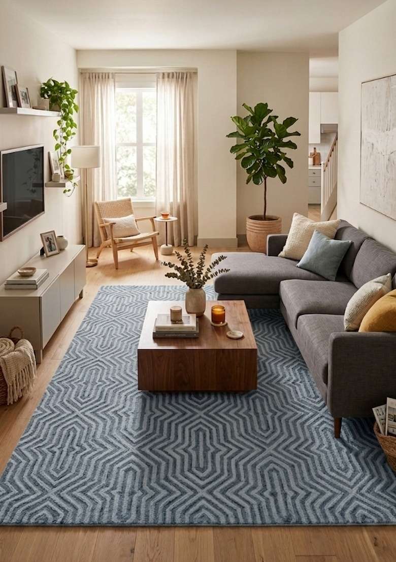 Saffron Rugs Hand-Tufted 100% Wool Area Rug | Steel Blue Rectangular Rug | Cotton Backing | Contemporary Geometric Home Decor Carpet for Living Room - Indya