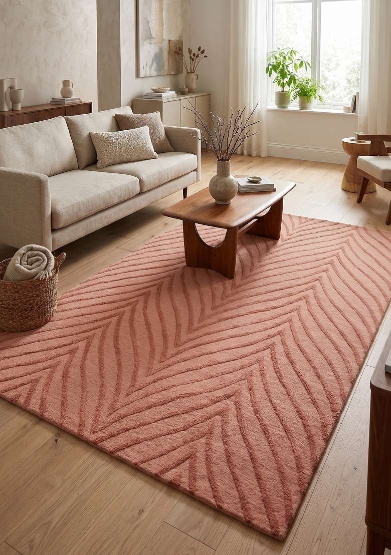 Saffron Rugs Hand-Tufted 100% Wool Area Rug | Terracotta Pink Rectangular Rug | Cotton Backing | Contemporary Chevron Home Decor Carpet for Bedroom - Indya