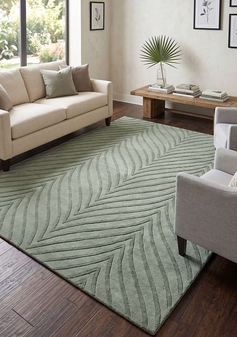 Saffron Rugs Hand-Tufted 100% Wool Area Rug | Sage Green Rectangular Rug | Cotton Backing | Contemporary Chevron Home Decor Carpet for Bedroom - Indya
