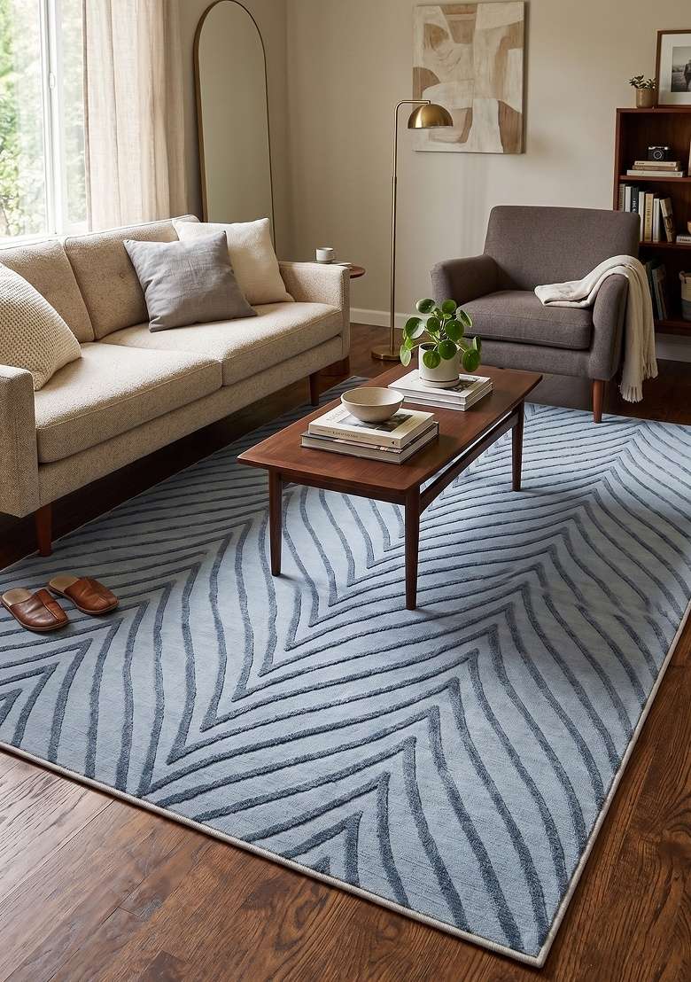 Saffron Rugs Hand-Tufted 100% Wool Area Rug | Light Blue Grey Rectangular Rug | Cotton Backing | Contemporary Chevron Home Decor Carpet for Bedroom - Indya