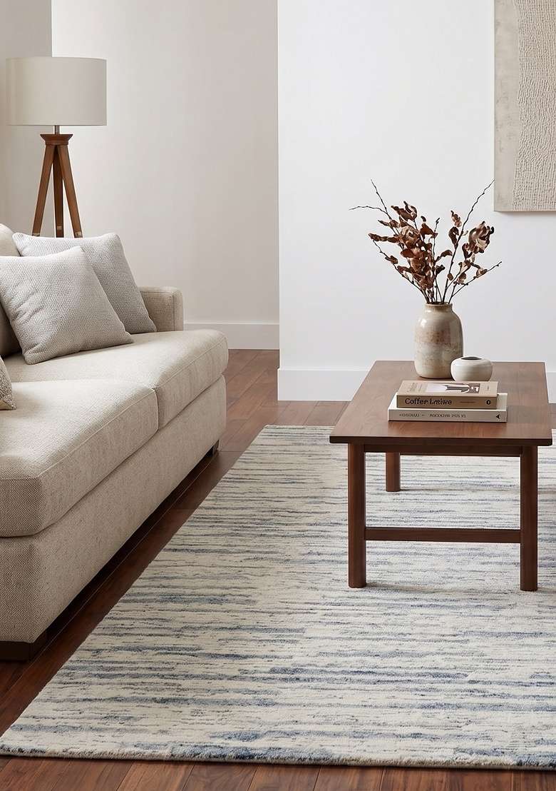 Saffron Rugs Hand-Tufted 100% Wool Area Rug | Ivory Blue Rectangular Rug | Cotton Backing | Contemporary Striped Home Decor Carpet for Living Room - Indya