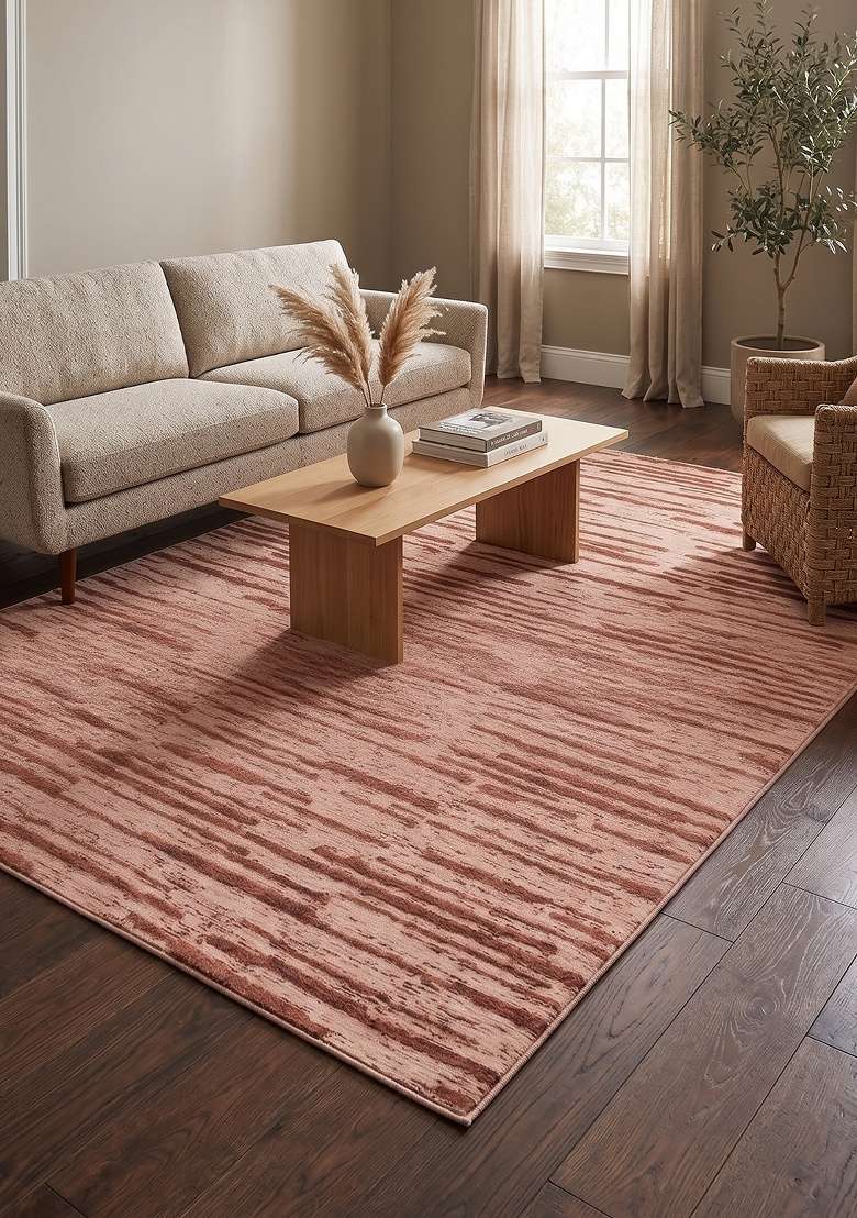 Saffron Rugs Hand-Tufted 100% Wool Area Rug | Blush Terracotta Rectangular Rug | Cotton Backing | Contemporary Striped Home Decor Carpet for Living Room - Indya